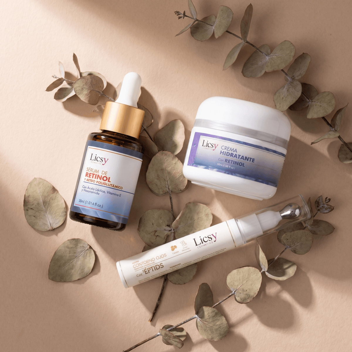 Kit Rutina Facial Antiedad: serum de retinol, crema con retinol y contorno de ojos con peptidos