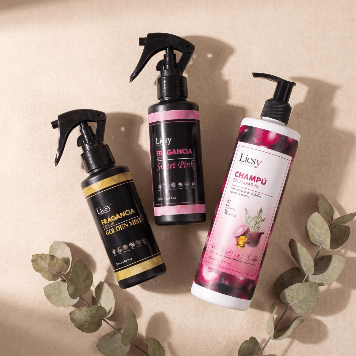 Kit Duo Fragancias y Shampoo: fragancias capilares Golden Mist y Sweet Pink con shampoo sin sulfatos